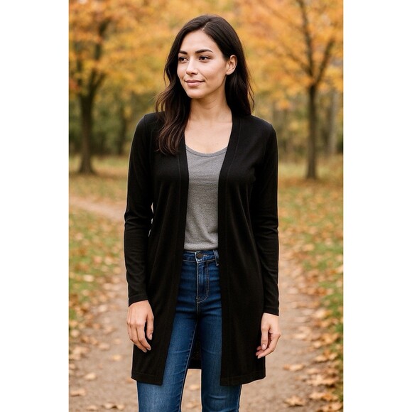Womens Black Longline Open Front Cardigan Lightweight Knit Minimalist Layering S - Picture 2 of 8